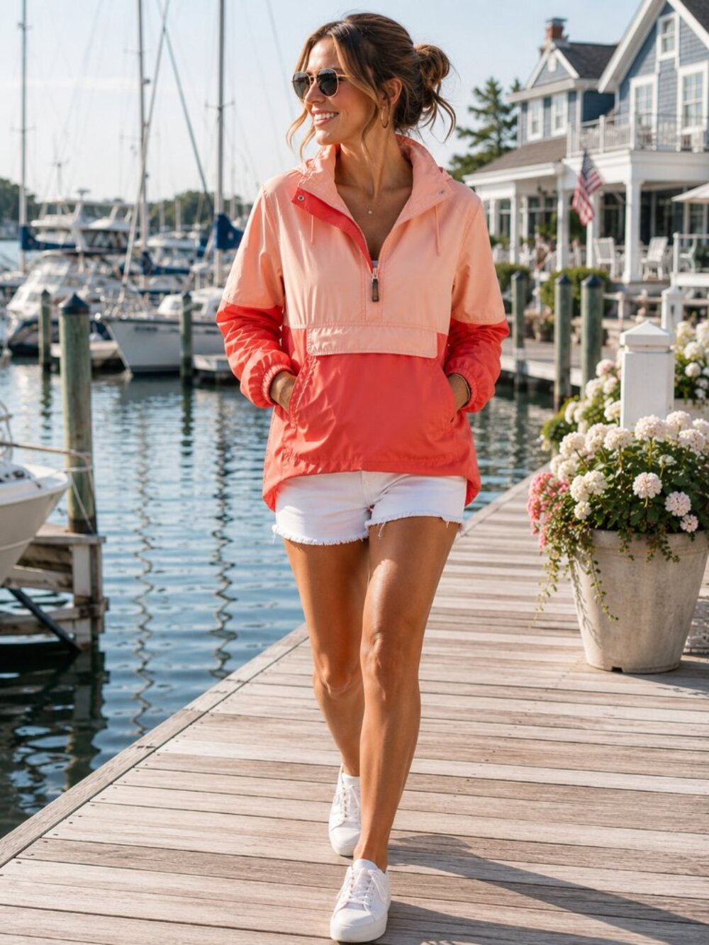 Lauren James Colorblock Rain Jacket Windbreaker Hooded Pullover Coral Size Large
